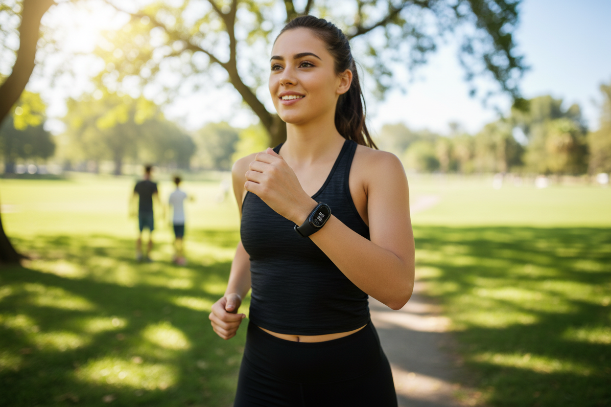Femme sportive avec bracelet connecté