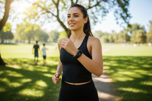 Femme sportive avec bracelet connecté
