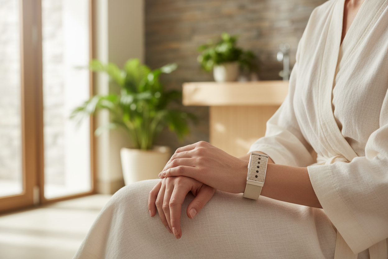 Femme portant le bracelet ZenTrack G69 argenté au repos